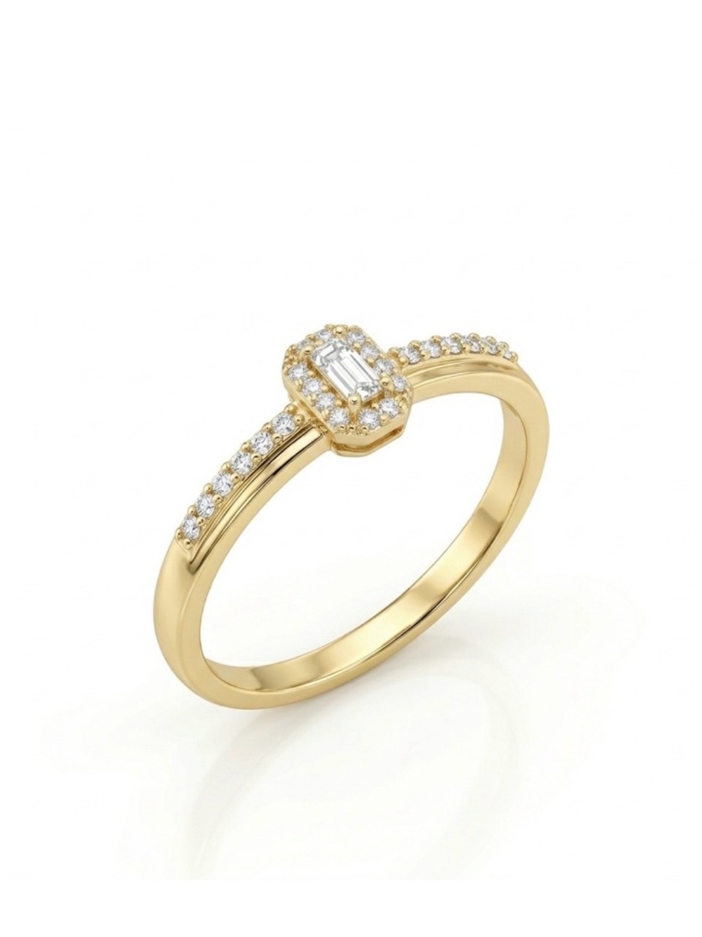 14K Gold Plated Baguette & Round Cubic Zirconia Halo Ring | Dainty Gold Jewelry
